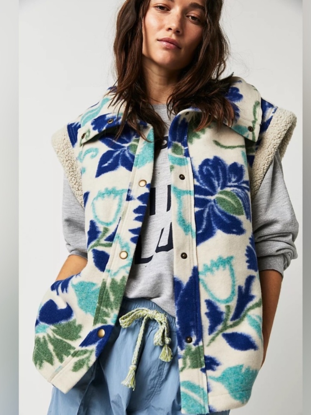 Free People Hello Sherpa Fleece Vest Floral Blue Green M $145